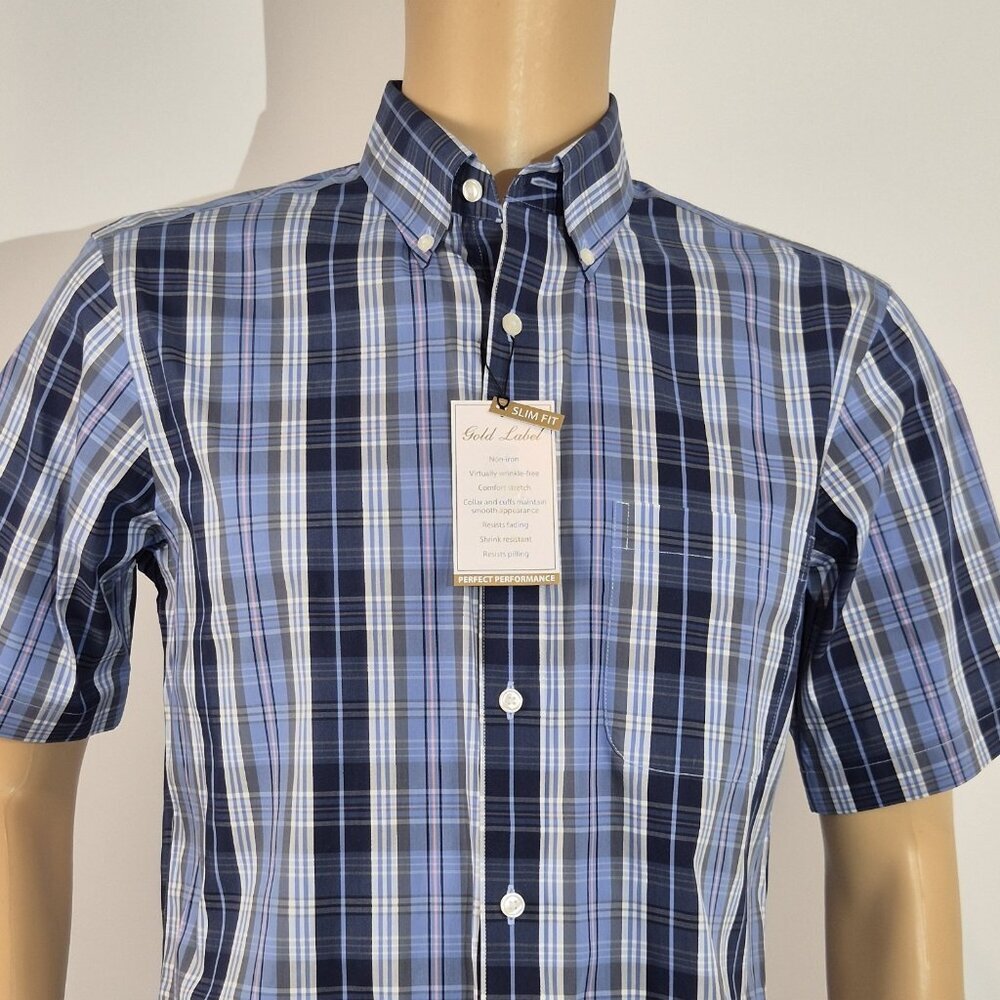 Roundtree & Yorke Gold Label Men's Shirt Size M Plaid Blue Slim Fit  (56)